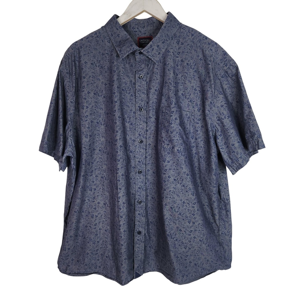 UNTUCKIT Maloney Shirt Mens 3XL Blue Floral Chambray Short Sleeve Button Front